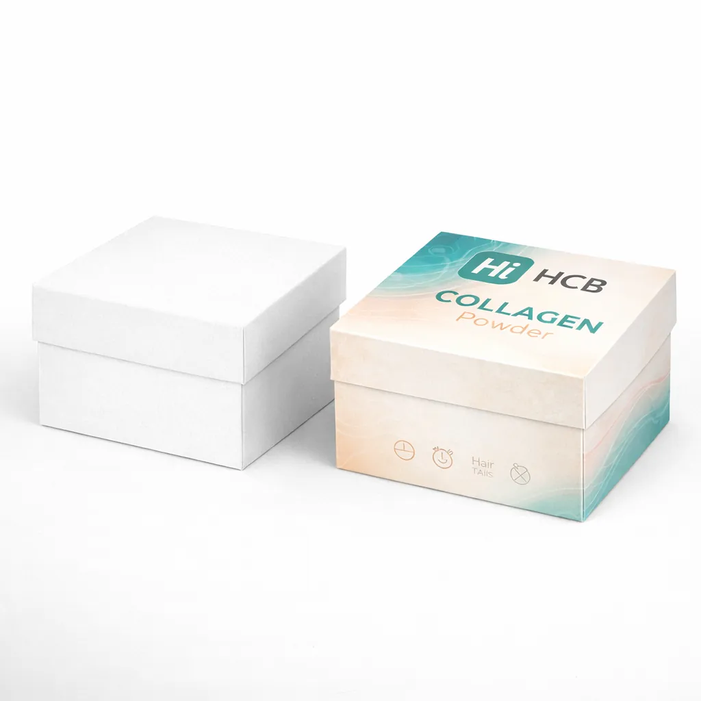 Two square two-piece lid and base boxes, one blank white and one with peach and teal graphics. class=